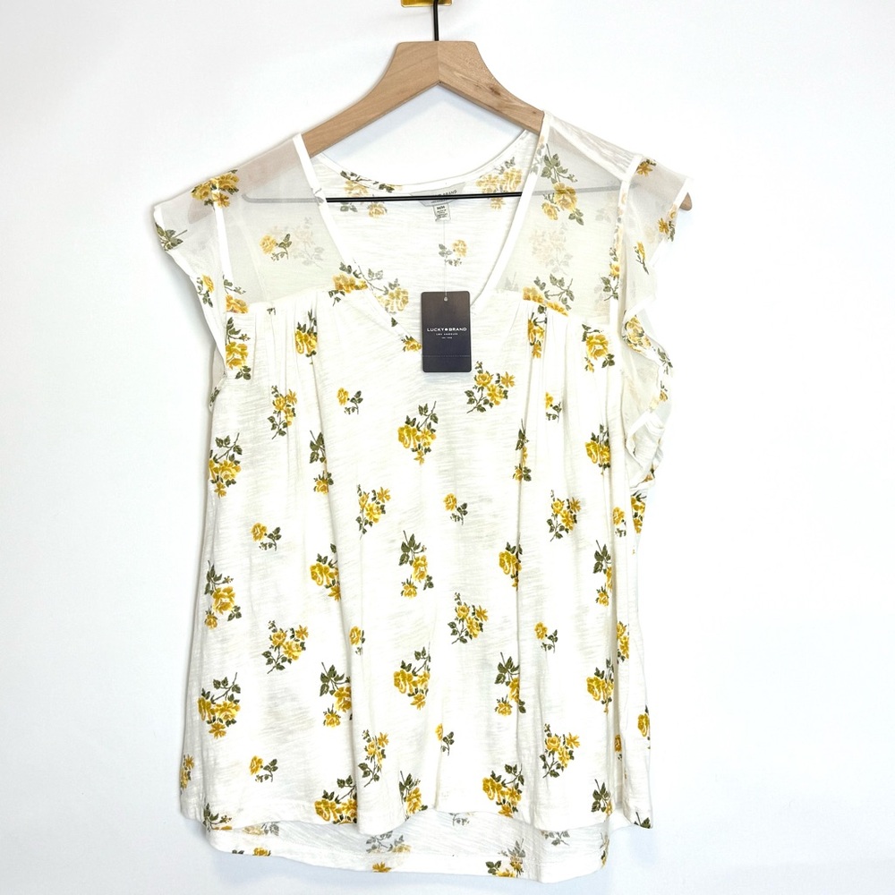 NWT Lucky Brand White and Cream Sleeveless Blouse with Floral Print - M